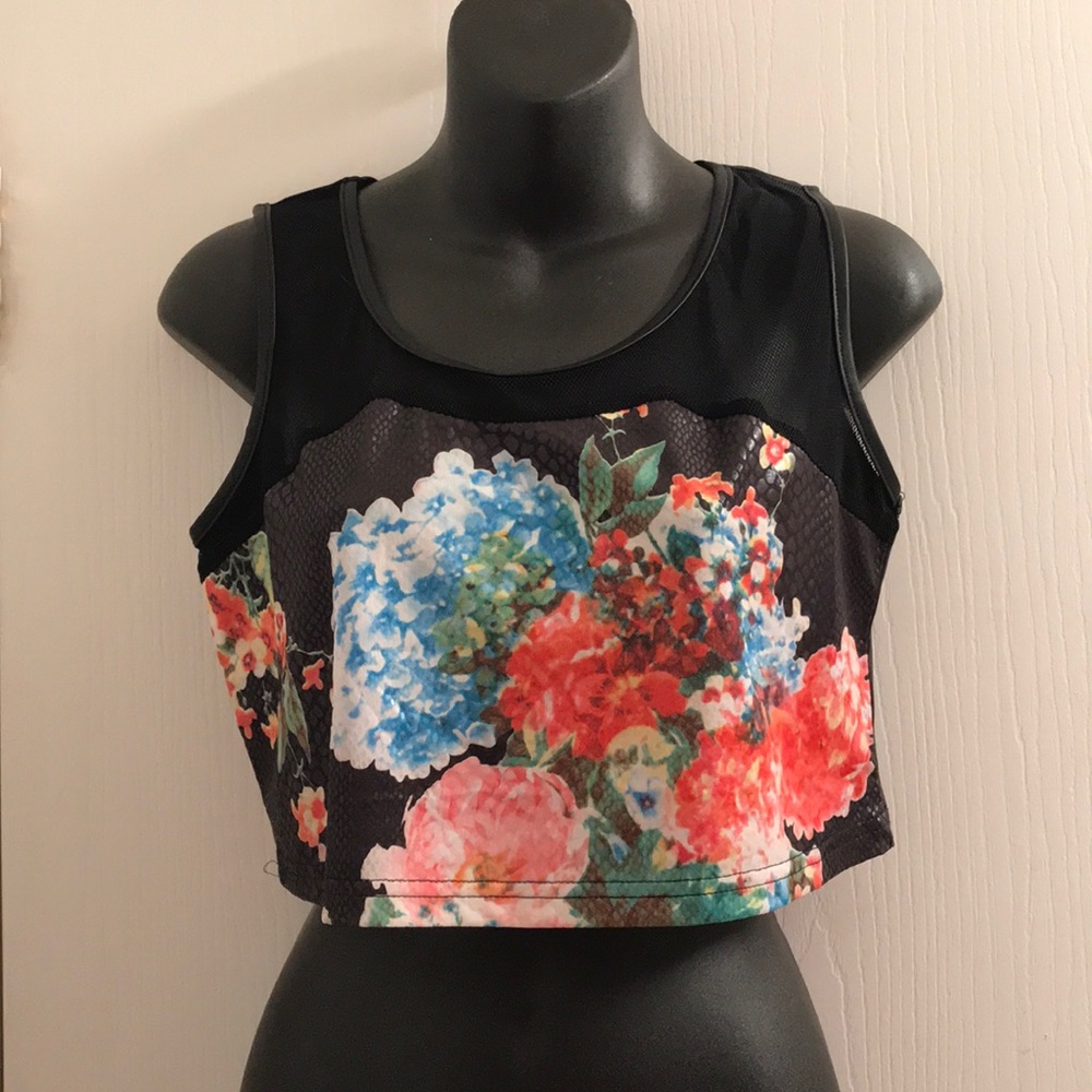 (Large) Floral Faux Leather & Mesh Crop Top